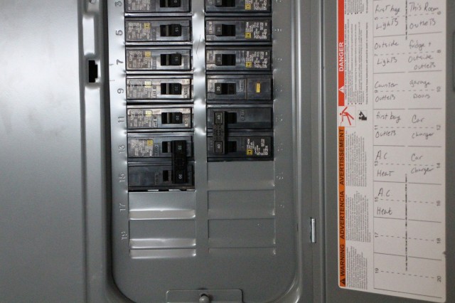 Circuit-breaker box showing 240-Volt circuit for electric-car charging station