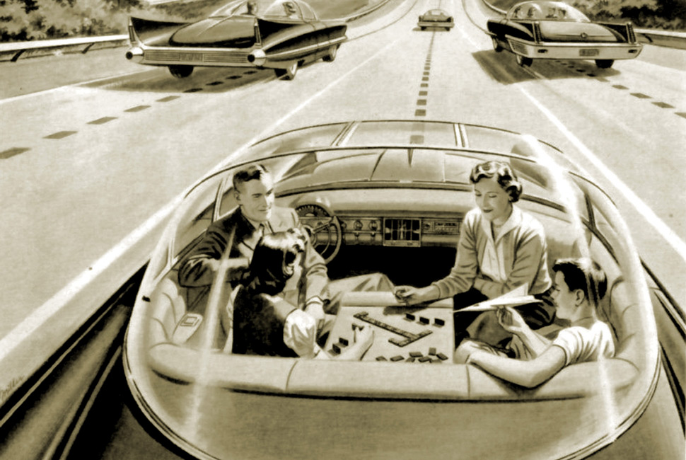 Advertisement from 1957 for “America’s Independent Electric Light and Power Companies” (art by H. Miller). Text with original: “ELECTRICITY MAY BE THE DRIVER. One day your car may speed along an electric super-highway, its speed and steering automatically controlled by electronic devices embedded in the road. Highways will be made safe—by electricity! No traffic jams...no collisions...no driver fatigue.”