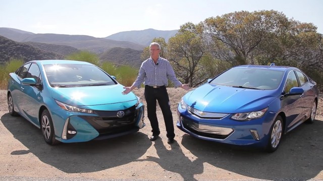 2017 Toyota Prius Prime and 2017 Chevrolet Volt with Green Car Reports editor John Voelcker
